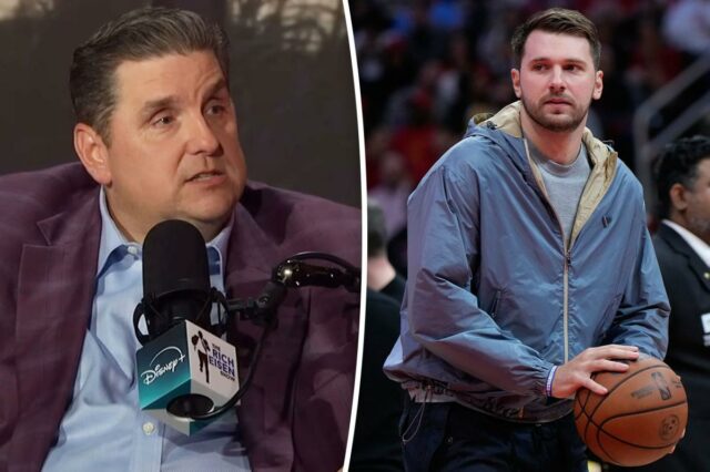 Analista da ESPN faz afirmação chocante sobre a misteriosa viagem Luka Doncic segura uma bola de basquete durante um intervalo.