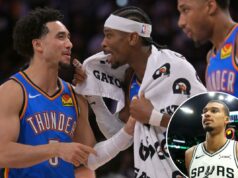 Antevisão da série Spurs vs. Thunder: escolhas, probabilidades e apostas das finais da Conferência Oeste Victor Wembanyama e Stephon Castle falando na quadra de basquete.
