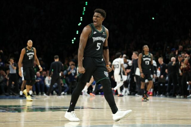 MINNEAPOLIS, MINNESOTA - MAY 10: Anthony Edwards #5 of the Minnesota Timberwolves reacts during the fourth quarter against the San Antonio Spurs in Game Four of the Second Round of the NBA Western Conference Playoffs at Target Center on May 10, 2026 in Minneapolis, Minnesota. (Photo by David Berding/Getty Images)