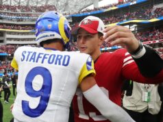 Anunciados detalhes de transmissão da abertura da temporada do 49ers-Rams na Austrália San Francisco 49ers QB Brock Purdy and Los Angeles Rams QB Matthew Stafford