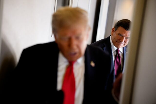 President Donald Trump, left and Fox News journalist Bret Baier aboard Air Force One on August 15, 2025.