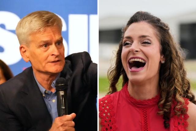 Left: U.S. Sen. Bill Cassidy, R-La., greets supporters with his wife Laura Cassidy at a campaign stop at Drago's Restaurant Tuesday, May 5, 2026, in Metairie, La. Right: U.S. Senate candidate Julia Letlow greets supporters at a campaign stop at Hammond Northshore Regional Airport in Hammond, La., Wednesday, May 6, 2026.