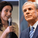 Left: Texas gubernatorial candidate Gina Hinojosa speaks during a campaign event in Austin on February 17, 2026. Right: Texas Governor Greg Abbott during a bill-signing on April 23, 2025, in Austin.
