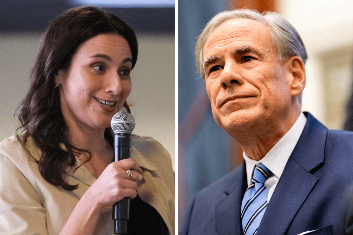 Left: Texas gubernatorial candidate Gina Hinojosa speaks during a campaign event in Austin on February 17, 2026. Right: Texas Governor Greg Abbott during a bill-signing on April 23, 2025, in Austin.