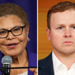 Left: Los Angeles Mayor Karen Bass speaks during the opening of the Metro D Line subway extension at the Petersen Automotive Museum in Los Angeles on May 8, 2026. Right: Spencer Pratt speaks during an appearance on