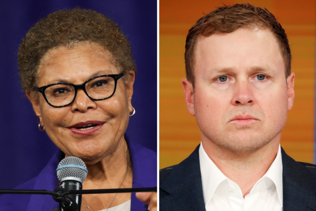 As doações de Spencer Pratt ultrapassam outros candidatos a prefeito Left: Los Angeles Mayor Karen Bass speaks during the opening of the Metro D Line subway extension at the Petersen Automotive Museum in Los Angeles on May 8, 2026. Right: Spencer Pratt speaks during an appearance on