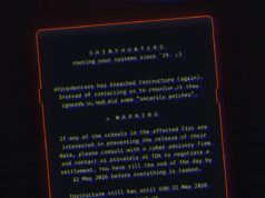 Ataques de infraestrutura tratam de hackers que a violaram duas vezes A redacted screenshot of the message ShinyHunters left on the hacked login pages of Instructure's platform Canvas.