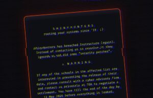 Ataques de infraestrutura tratam de hackers que a violaram duas vezes A redacted screenshot of the message ShinyHunters left on the hacked login pages of Instructure's platform Canvas.