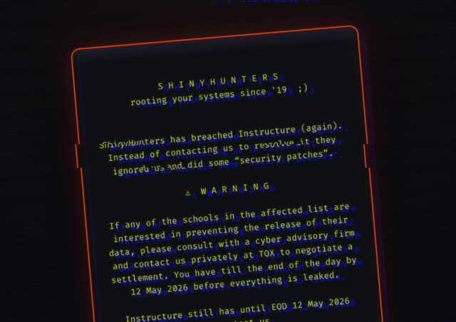 Ataques de infraestrutura tratam de hackers que a violaram duas A redacted screenshot of the message ShinyHunters left on the hacked login pages of Instructure's platform Canvas.