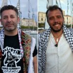 O ativista brasileiro Thiago Avila fala no porto de Siracusa, na Sicília, Itália, mostrando determinação em quebrar o bloqueio a Gaza.