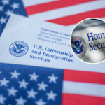 Main image: Washington, DC, USA - September, 16, 2019: Letter from USCIS and left hand on flag of USA background - stock image. Inset: New York, USA - October 5, 2016: A Homeland Security vehicle late in the day in Lower Manhattan. - stock image