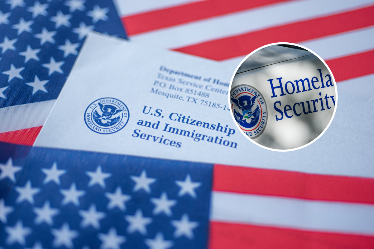 Main image: Washington, DC, USA - September, 16, 2019: Letter from USCIS and left hand on flag of USA background - stock image. Inset: New York, USA - October 5, 2016: A Homeland Security vehicle late in the day in Lower Manhattan. - stock image