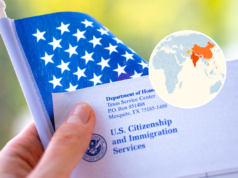 Atualização do Green Card: Mapa mostra as nações mais atingidas pela mudança nas regras administrativas de Trump Main image: Washington, DC, USA - September, 16, 2019: Letter from USCIS and flag of USA in hand on green blurred background - stock image. Inset: Map showing most impacted nations