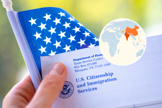 Main image: Washington, DC, USA - September, 16, 2019: Letter from USCIS and flag of USA in hand on green blurred background - stock image. Inset: Map showing most impacted nations