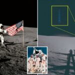 O astronauta Charles Conrad Jr. desfraldando uma bandeira dos EUA na superfície da Lua durante a missão Apollo 12.