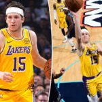 Austin Reaves, do Los Angeles Lakers, dribla a bola durante um jogo contra o Oklahoma City Thunder.