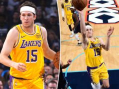 Austin Reaves, do Lakers, tem um retorno difícil a Oklahoma Austin Reaves, do Los Angeles Lakers, dribla a bola durante um jogo contra o Oklahoma City Thunder.