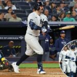 O apanhador dos Yankees, Austin Wells (28), fez um home run solo durante a quinta entrada, quando o New York Yankees jogou contra o Tampa Bay Rays na sexta-feira, 22 de maio de 2026, no Yankee Stadium, no Bronx, NY.
