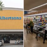 Uma mercearia Albertsons com um cliente saindo com um carrinho.