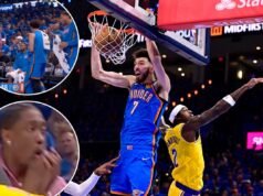 Banco do Thunder horrorizado com a terrível lesão de Jarred Vanderbilt nos playoffs da NBA Jarred Vanderbilt no banco durante um jogo.