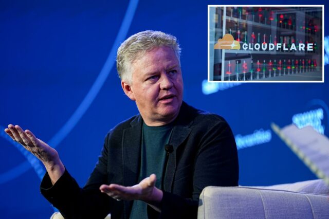 Logotipo e nome da Cloudflare em uma janela com lâmpadas de lava atrás dela.