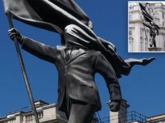 Banksy confirma que nova estátua em Londres de homem cego por uma bandeira é obra sua Banksy confirma que nova estátua em Londres de homem cego por uma bandeira é obra sua