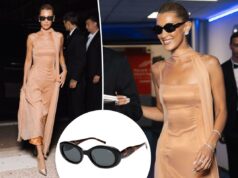 Bella Hadid combinou um vestido Prada com óculos de sol Amazon de US $ 50 em Cannes Óculos de sol Sojos ovais pretos com braços de tartaruga.