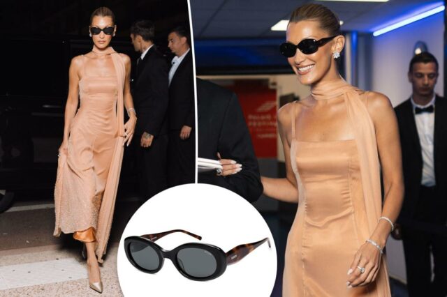 Bella Hadid combinou um vestido Prada com óculos de sol Óculos de sol Sojos ovais pretos com braços de tartaruga.