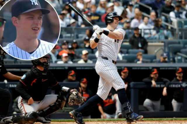O jogador da primeira base dos Yankees, Ben Rice, faz um home run contra os Orioles em 3 de maio de 2026.