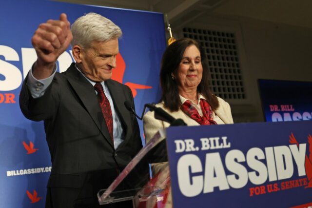 Senator Bill Cassidy (R-LA), with his wife Dr. Laura Cassidy by his side, addresses his supporters as he concedes his primary election contest during an event at Boudreaux's Caterers on May 16, 2026 in Baton Rouge, Louisiana. (Photo by Michael DeMocker/Getty Images)