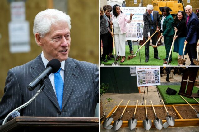 Bill Clinton faz rara aparição pública no inovador abrigo para dependentes químicos de Nova York - parece frágil e instável
