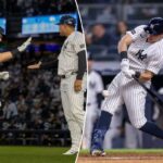 O jogador de primeira base do New York Yankees, Ben Rice (22), acerta uma única na oitava entrada contra o Baltimore Orioles no Yankee Stadium, sexta-feira, 1º de maio de 2026, no Bronx, NY.