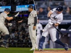 ‘Bola de demolição’ Ben Rice defende seus argumentos contra os canhotos com um grande dia para os Yankees O jogador de primeira base do New York Yankees, Ben Rice (22), acerta uma única na oitava entrada contra o Baltimore Orioles no Yankee Stadium, sexta-feira, 1º de maio de 2026, no Bronx, NY.