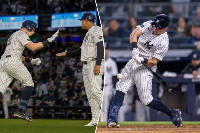 O jogador de primeira base do New York Yankees, Ben Rice (22), acerta uma única na oitava entrada contra o Baltimore Orioles no Yankee Stadium, sexta-feira, 1º de maio de 2026, no Bronx, NY.