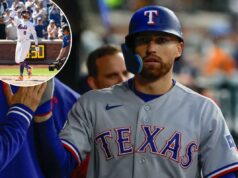 Brandon Nimmo é sincero sobre o retorno de Nova York em meio às lutas do Mets: ‘Alguns caras isso não traduz’ O defensor direito do Texas Rangers, Brandon Nimmo (24), recebe parabéns dos companheiros de equipe após marcar 3i contra o Detroit Tigers no Comerica Park.