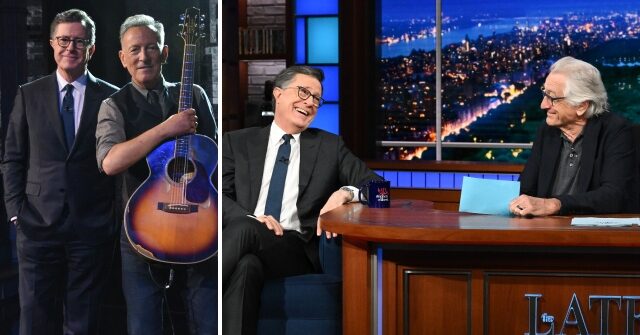 Bruce Springsteen e Robert De Niro atiram em Trump durante Bruce Springsteen e Robert De Niro atiram em Trump durante o penúltimo ‘show tardio’ de Colbert