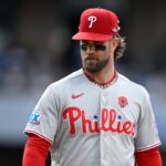 SAN DIEGO, CALIFORNIA - MAY 25: Bryce Harper #3 of the Philadelphia Phillies looks on during the fifth inning against the San Diego Padres at Petco Park on May 25, 2026 in San Diego, California. (Photo by Orlando Ramirez/Getty Images)