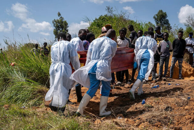 CDC pede à equipe que se voluntarie para ajudar nos Glody Murhabazi/AFP via Getty Images - FOTO: Profissionais de saúde carregam o caixão no cemitério para o enterro de uma pessoa suspeita de ter morrido de Ebola em Bunia, no leste da República Democrática do Congo, em 25 de maio de 2026.