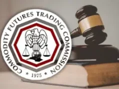 CFTC defende a autoridade dos mercados de previsão contra os crescentes desafios do jogo estatal Logotipo da CFTC ao lado do martelo do juiz ilustrando a batalha legal federal sobre mercados de previsão e regulamentações estaduais de jogos de azar