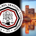 Logotipo da Commodity Futures Trading Commission (CFTC) ao lado do horizonte de Providence, Rhode Island, ilustrando o desafio legal da agência federal sobre mercados de previsão, contratos de eventos Kalshi e aplicação da lei estadual de jogos de azar.