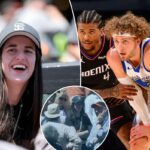 Caitlin Clark encontra jogador do Warriors em jogo do Giants