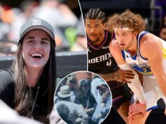 Caitlin Clark encontra jogador do Warriors em jogo do Giants Caitlin Clark encontra jogador do Warriors em jogo do Giants