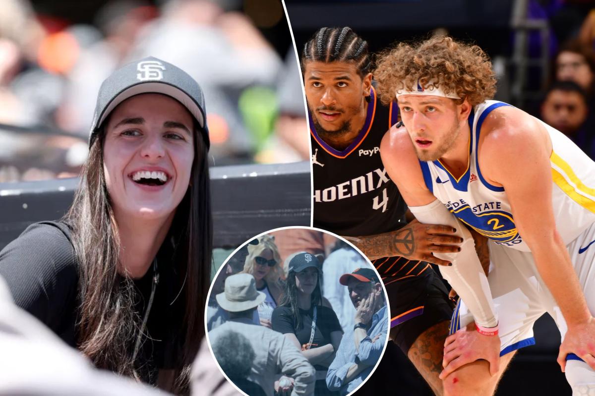 Caitlin Clark encontra jogador do Warriors em jogo do Giants