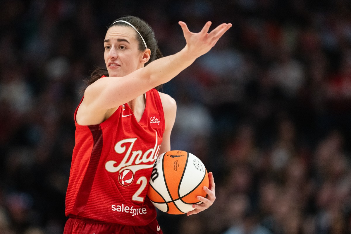 PORTLAND, OREGON - MAY 30: Caitlin Clark #22 of the Indiana Fever reacts after a foul was called during the first half of the game against the Portland Fire at Moda Center on May 30, 2026 in Portland, Oregon. (Photo by Ali Gradischer/Getty Images)