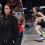 Caitlin Clark nº 22 do Indiana Fever vai até a cesta durante o jogo contra o Seattle Storm em 17 de maio de 2026 no Gainbridge Fieldhouse em Indianápolis, Indiana.