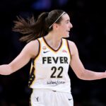 LOS ANGELES, CALIFORNIA - MAY 13: Caitlin Clark #22 of the Indiana Fever argues for a foul during the first half against the Los Angeles Sparks at Crypto.com Arena on May 13, 2026 in Los Angeles, California. (Photo by Harry How/Getty Images)