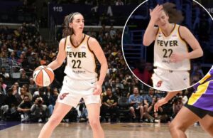 Caitlin Clark revela comemoração estranha após frustração de 3 pontos Caitlin Clark, do Indiana Fever, dribla a bola enquanto é defendida por um jogador do Los Angeles Sparks.