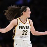 LOS ANGELES, CALIFORNIA - MAY 13: Caitlin Clark #22 of the Indiana Fever reacts during the game against the Los Angeles Sparks at Crypto.com Arena on May 13, 2026 in Los Angeles, California. (Photo by Harry How/Getty Images)