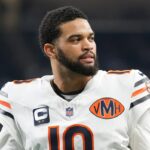 Caleb Williams #18 of the Chicago Bears warms up prior to the game against the Detroit Lions at Ford Field on September 14, 2025 in Detroit, Michigan. (Photo by Nic Antaya/Getty Images)