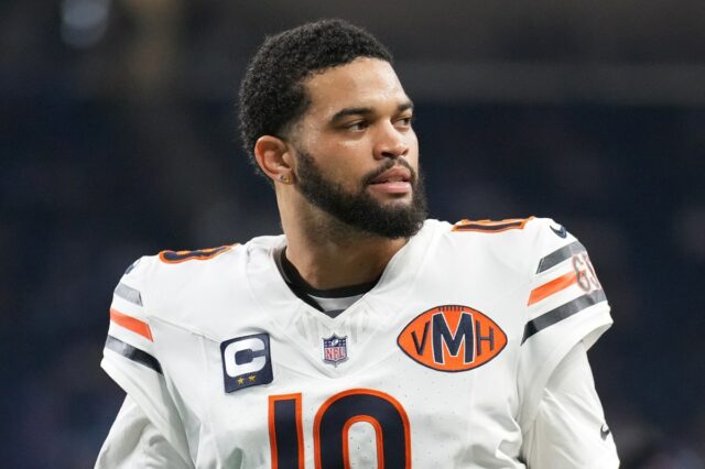 Caleb Williams #18 of the Chicago Bears warms up prior to the game against the Detroit Lions at Ford Field on September 14, 2025 in Detroit, Michigan. (Photo by Nic Antaya/Getty Images)